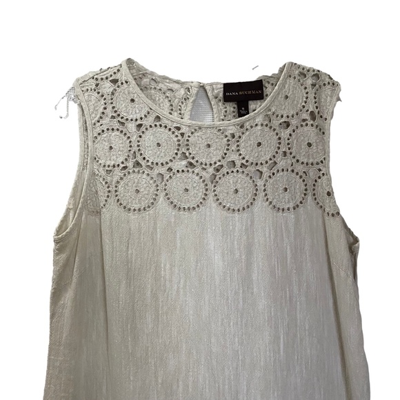 DANA BUCHMAN Cream Linen Crochet Sleeveless Shift Dress Boho Coastal S/M - Picture 4 of 12